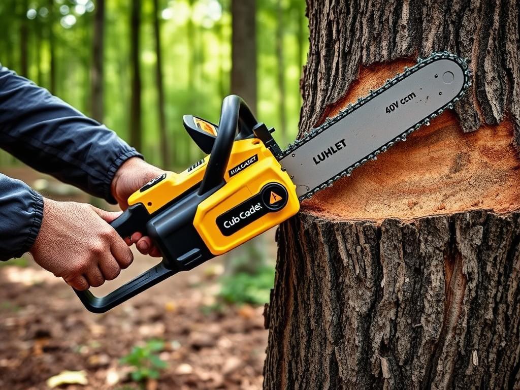 Cub Cadet LH5 C60 Akku-Kettensäge beim Fällen eines Baumes Cub Cadet LH5 C60 Akku-Kettensäge beim Fällen eines Baumes