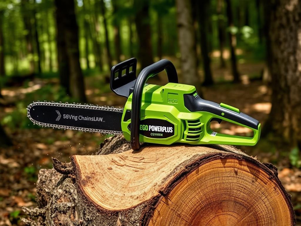 Ego Power Plus CS1610E Akku-Kettensäge beim Sägen eines dicken Baumstamms Ego Power Plus CS1610E Akku-Kettensäge beim Sägen eines dicken Baumstamms
