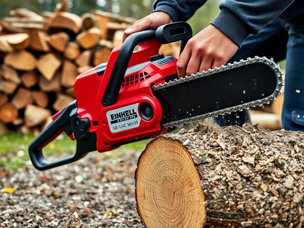 Einhell GE-LC 36/35 Akku-Kettensäge beim Sägen von Brennholz Einhell GE-LC 36/35 Akku-Kettensäge beim Sägen von Brennholz