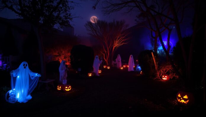 Gruselig dekorierter Garten mit Halloween Gartendekoration bei Nacht