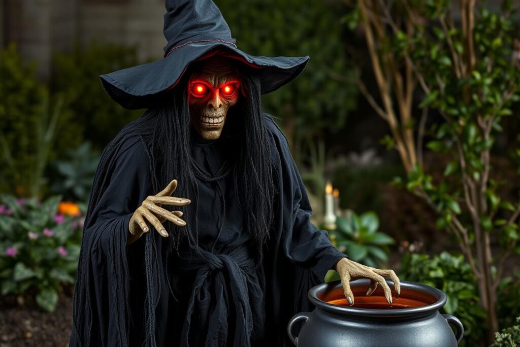 Lebensgroße Hexenfigur mit leuchtenden Augen für Halloween Gartendekoration Lebensgroße Hexenfigur mit leuchtenden Augen für Halloween Gartendekoration