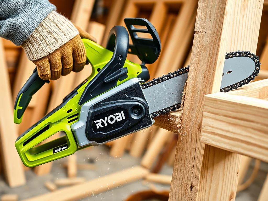 Ryobi RY36CSX30B Akku-Kettensäge beim Schneiden von Konstruktionsholz Ryobi RY36CSX30B Akku-Kettensäge beim Schneiden von Konstruktionsholz