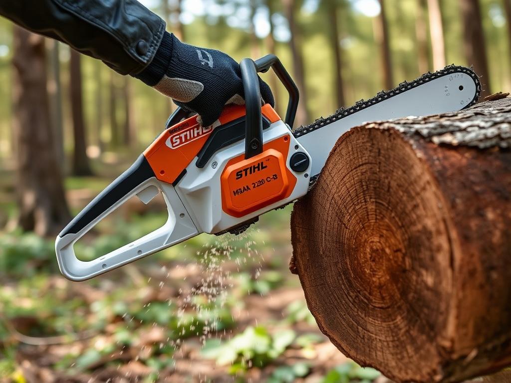 Stihl MSA 220 C-B Akku-Kettensäge im Einsatz beim Sägen eines Baumstamms Stihl MSA 220 C-B Akku-Kettensäge im Einsatz beim Sägen eines Baumstamms