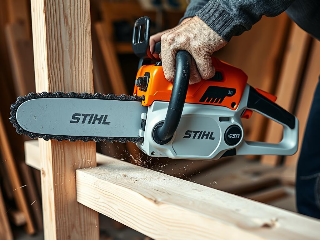 Stihl MSA 80 C-B Akku-Kettensäge beim präzisen Schneiden von Bauholz Stihl MSA 80 C-B Akku-Kettensäge beim präzisen Schneiden von Bauholz