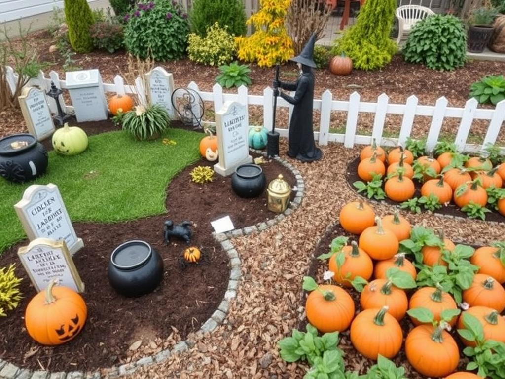 Thematisch gestaltete Zonen einer Halloween Gartendekoration Thematisch gestaltete Zonen einer Halloween Gartendekoration