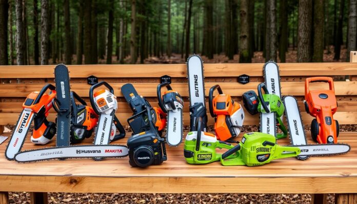 Vergleich der Top 10 Kettensägen 2025 nebeneinander aufgereiht