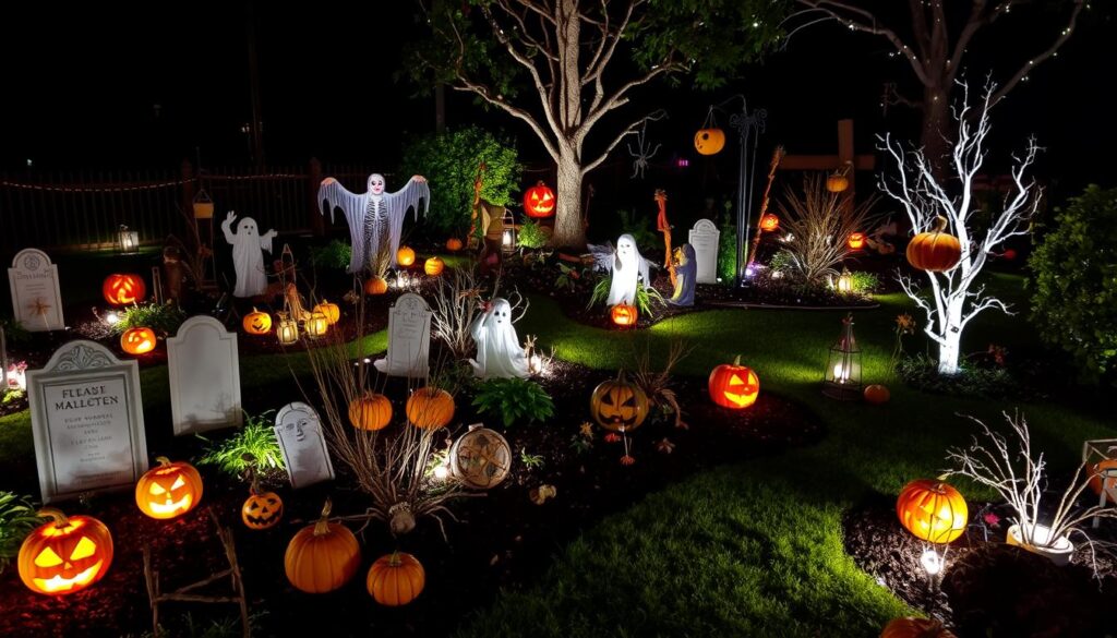 Vollständig dekorierter Garten mit verschiedenen Halloween Gartendekorationen bei Nacht Vollständig dekorierter Garten mit verschiedenen Halloween Gartendekorationen bei Nacht